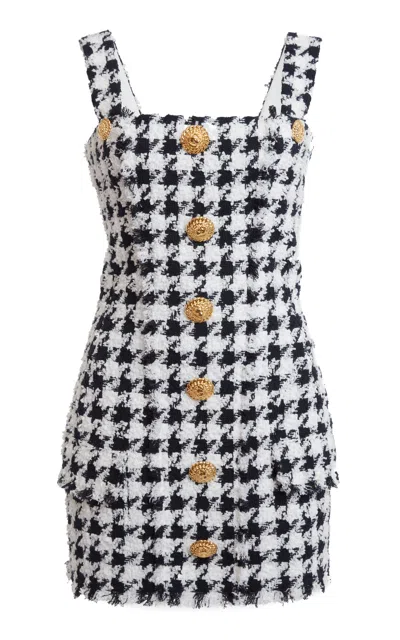 Balmain Button-detailed Houndstooth Tweed Mini Dress In Monochrome