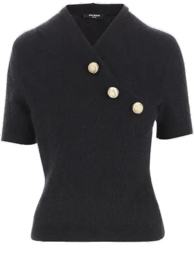 Balmain Women's Short Sleeve Buttoned Cross Collar Top In Black