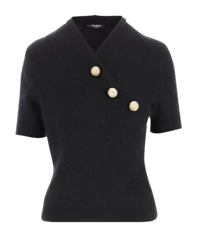 Balmain Women's Short Sleeve Buttoned Cross Collar Top In Black