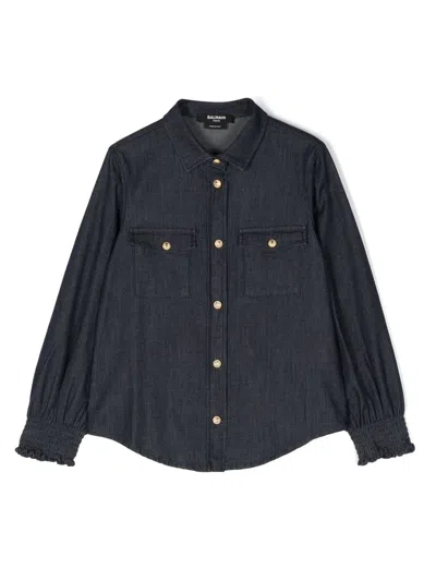 Balmain Kids' Button-down Fastening Shirt In 蓝色