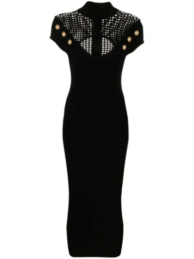 Balmain Button-embellished Cutout Open-knit Midi Dress In Black