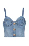 BALMAIN BUTTON-EMBELLISHED DENIM BUSTIER TOP