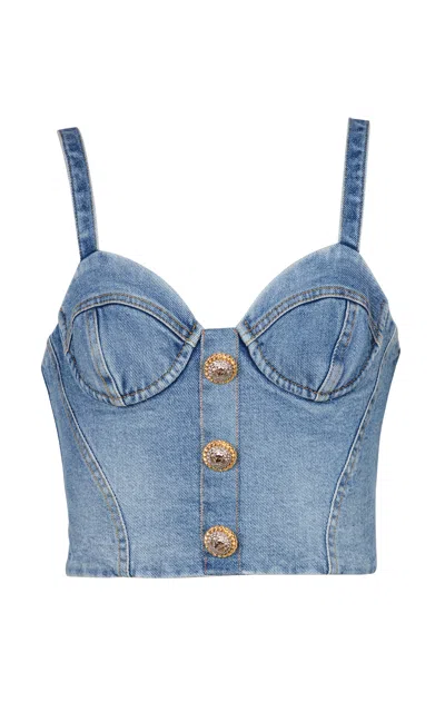 BALMAIN BUTTON-EMBELLISHED DENIM BUSTIER TOP