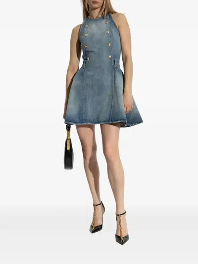 Balmain Button-embellished Denim Dress In Blue