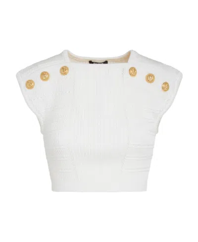 Balmain Button-embellished Knitted Cropped Top In White