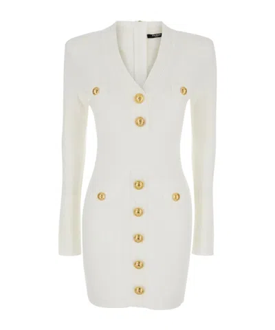 Balmain Mini White Dress With Golden Buttons In Stretch Viscose Woman