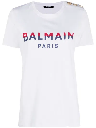 Balmain Button-embellished Logo-print T-shirt In White