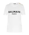 Balmain White Crewneck T-shirt With Logo Print And Golden Buttons In Jersey Woman In White