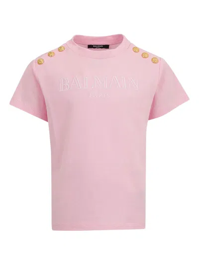 Balmain Babies' Button-embellished Logo T-shirt In Pink