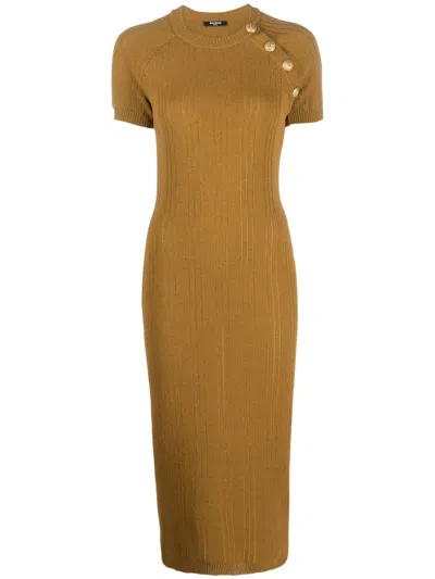 Balmain Button-embellished Midi Dress In Brown