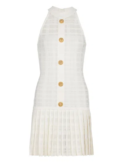 Balmain Button-embellished Pleated Dress In White