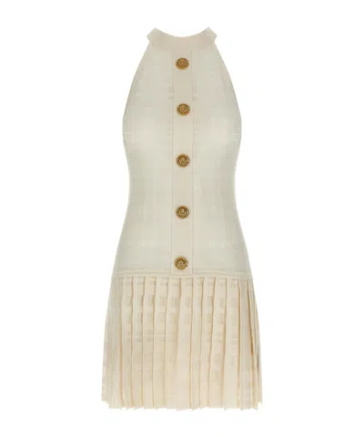 Balmain Button-embellished Pleated Dress In Neutral