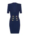 Balmain Button-embellished Ribbed-knit Mini Dress In Blue