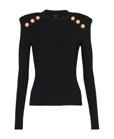 Balmain Sweater Three Buttons Crew Neck Ribbed In Black