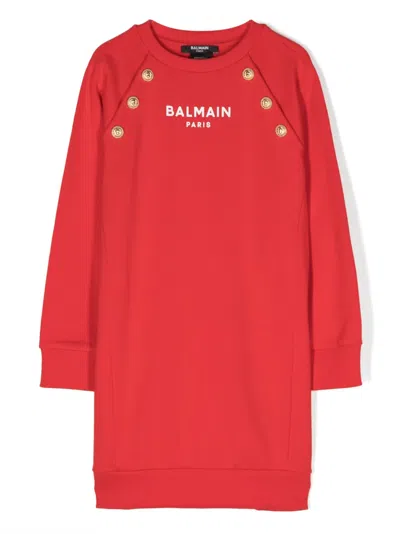 Balmain Kids' Button-embellished Sweatshirt Dress In Red