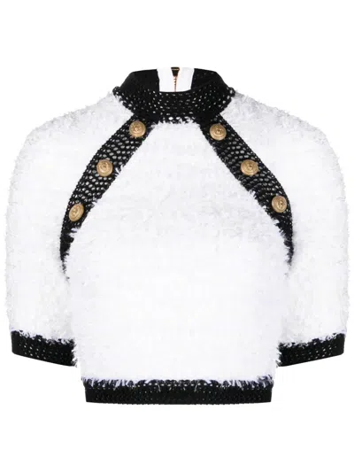 BALMAIN BUTTON-EMBELLISHED TWEED CROP TOP
