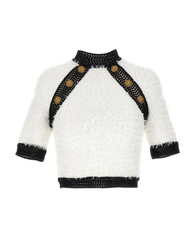 BALMAIN BUTTON-EMBELLISHED TWEED CROP TOP