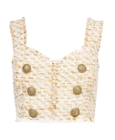 Balmain Button-embellished Tweed Cropped Top In Beige
