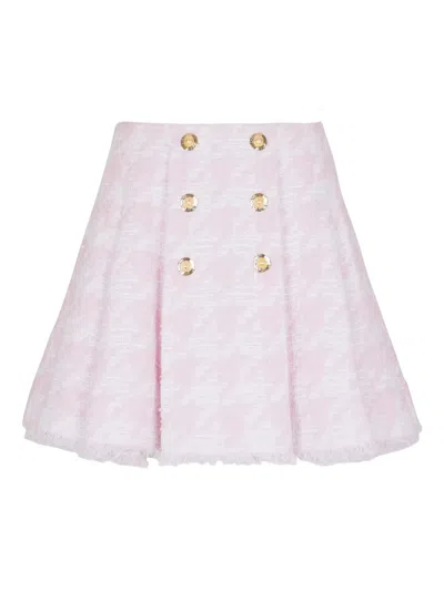 Balmain Button-embellished Tweed Flared Skirt In Pink