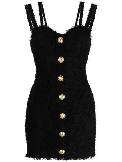 Balmain 7-button Strapped Tweed Mini Dress In Black