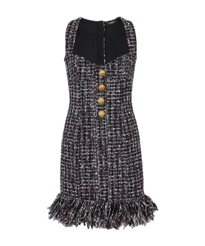Balmain Tweed Mini Dress With Buttons In Black