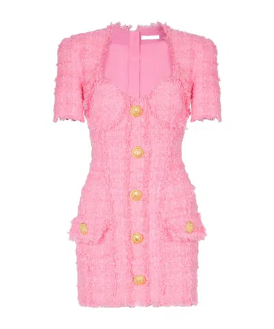 Balmain Button-embellished Tweed Minidress In Pink