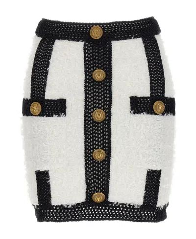 Balmain Button-embellished Tweed Miniskirt In White