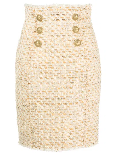 BALMAIN BUTTON-EMBELLISHED TWEED SKIRT