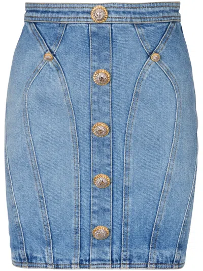 Balmain Buttoned Mini Denim Skirt In Blue