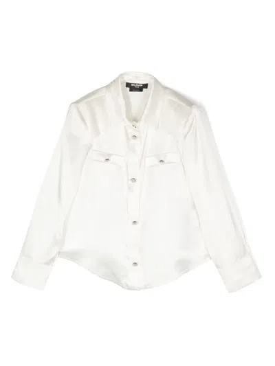 Balmain Kids' Button-embellishment Silk-satin Shirt In Cream
