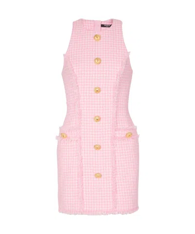 Balmain Vichy Tweed Sleeveless Mini Dress In Pink