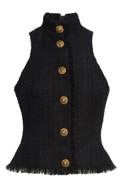 Balmain Button Front Fringe Tweed Top In Black