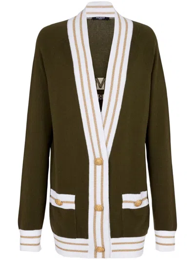Balmain Button-front Knitted Cardigan In Kaki Naturel Or