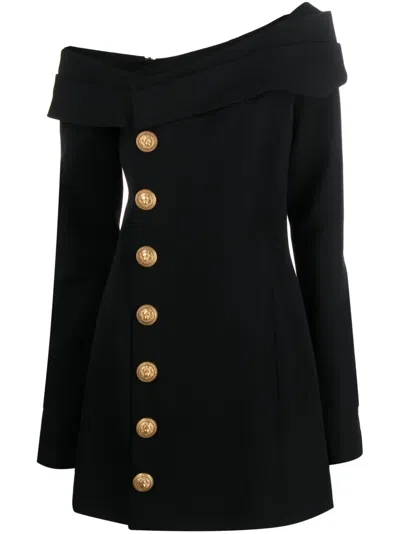 Balmain Button-front Off-shoulder Minidress In Black