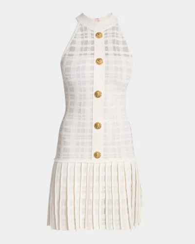 Balmain Button-front Tartan Knit Pleated Mini Halter Dress In Brown