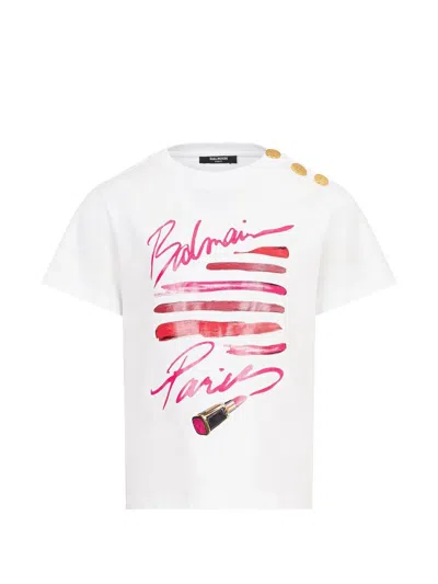 Balmain Kids' Button Graphic Print Top In White