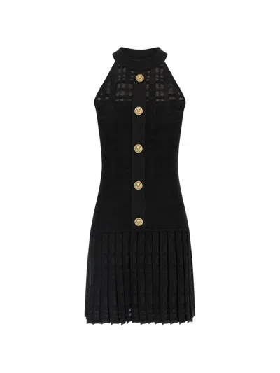 Balmain Tartan Knit Dress Halter Neck Gold Buttons In Black