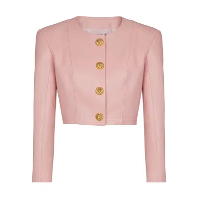Balmain Women Long Sleeves Buttoned Lambskin Cropped Jacket In Pink