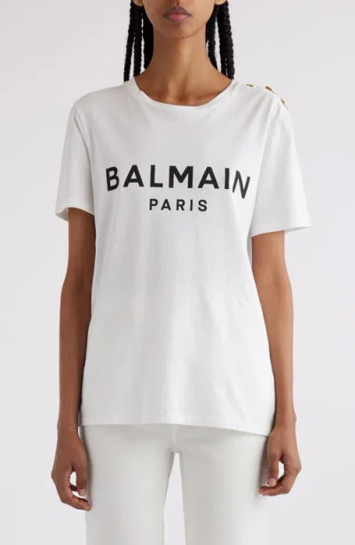 BALMAIN BALMAIN BUTTON SHOULDER COTTON LOGO GRAPHIC T-SHIRT