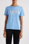 BALMAIN BUTTON SHOULDER COTTON LOGO GRAPHIC T-SHIRT