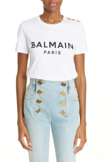 Balmain Button Shoulder Cotton Logo Graphic Tee In White