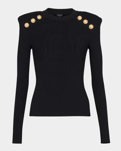 BALMAIN BUTTON STRONG-SHOULDER POINTELLE RIB KNIT SWEATER