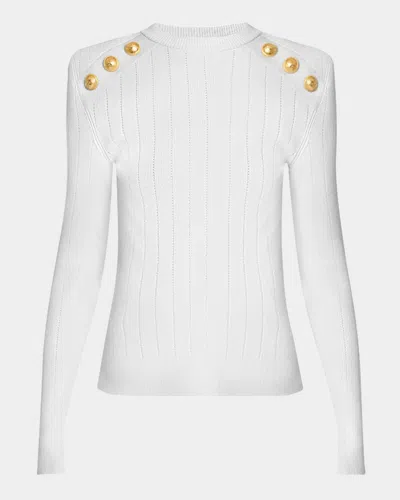 Balmain Button Strong-shoulder Pointelle Rib Knit Sweater In White