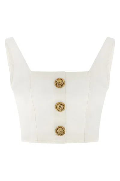 Balmain Button Suare-neck Top In White
