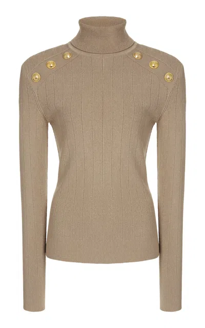Balmain Button-trimmed Knit Turtleneck Sweater In Beige