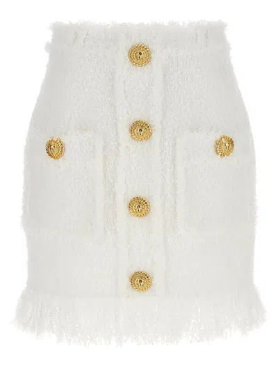 Balmain Button Tweed Skirt In White