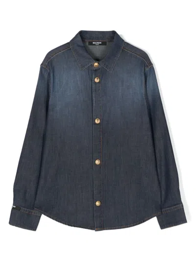 Balmain Kids' Button-up Chambray Shirt In Blue