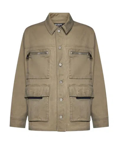 Balmain Button-up Stretch-cotton Military Jacket In Brown