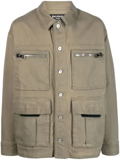 Balmain Button-up Stretch-cotton Military Jacket In Green