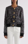 Balmain Buttoned Metallic Tweed Bomber Jacket In Eah Black Multi